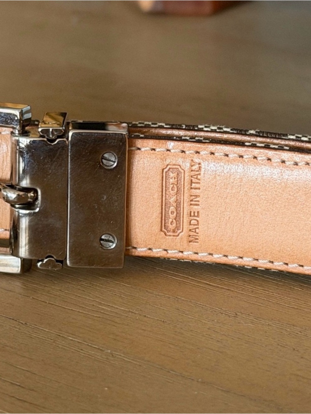 Coach Signature Jacquard Canvas Leather Belt Brown Khaki Silver Buckle Hangtag S - Picture 3 of 5